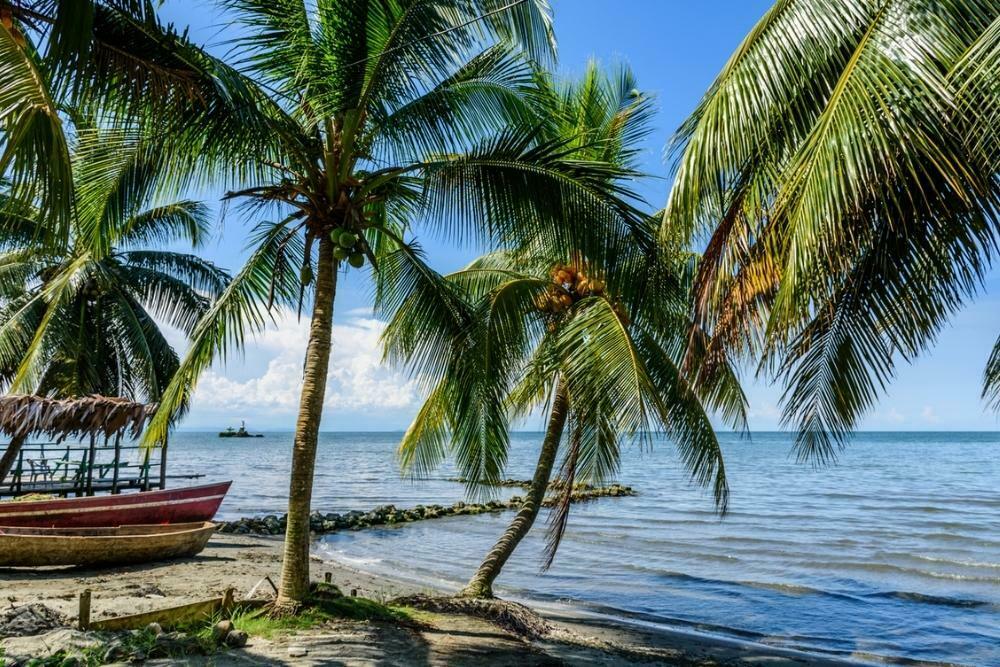 Livingston Guatemala on the Caribbean Coast with palm trees and boats lining the beach